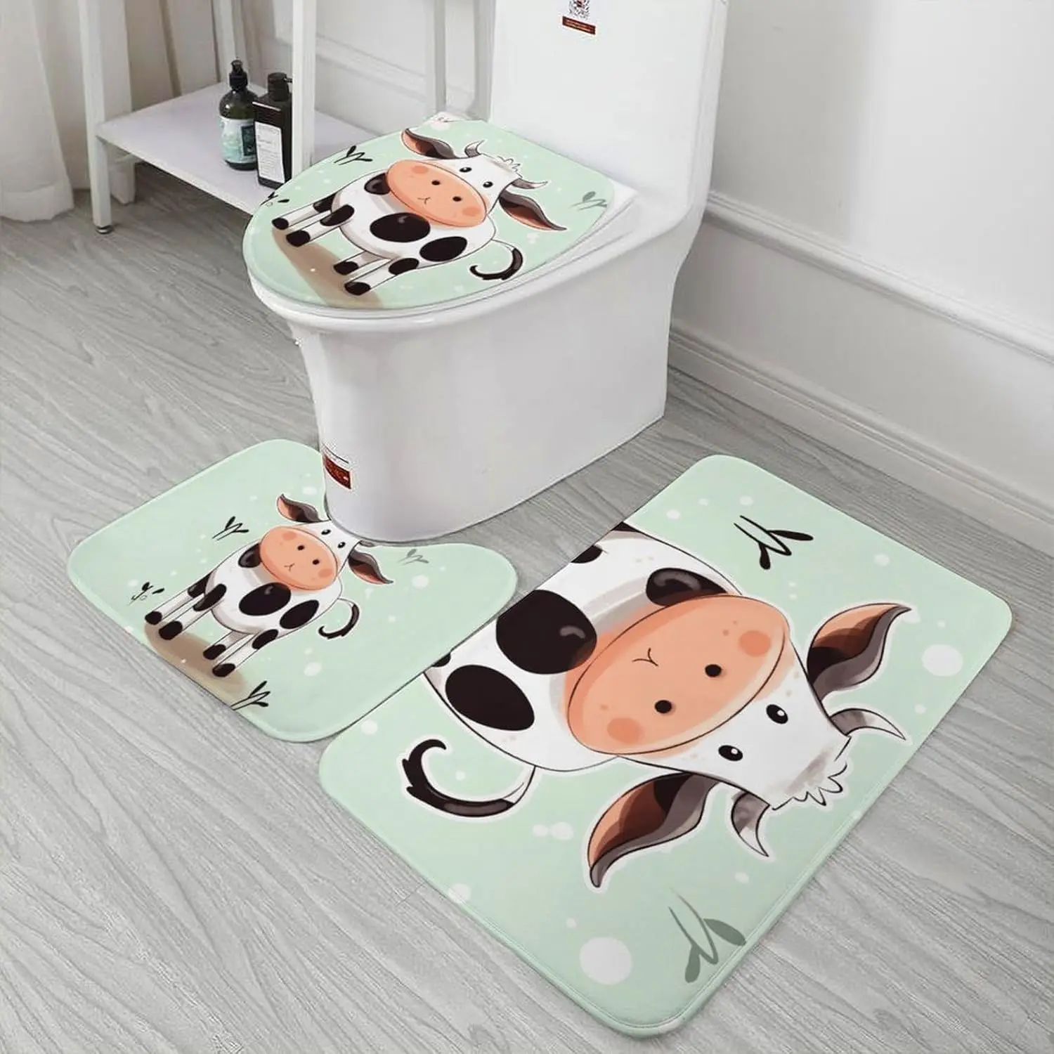 3 Piece Bath Rug Set Non Slip Absorbent Bath Mat Contour Mat with Toilet Lid Cover Cute Cow Dot Soft Floor Mats for Bathroom