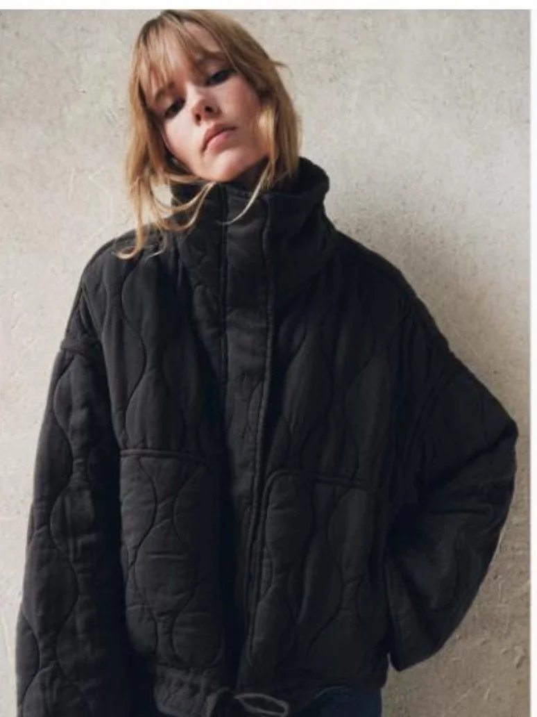 

New Autumn Winter Loose Fit Long Sve Bla Cotton Jaet Coat for Women Commute Sle Zipper Closure Color Outerwear