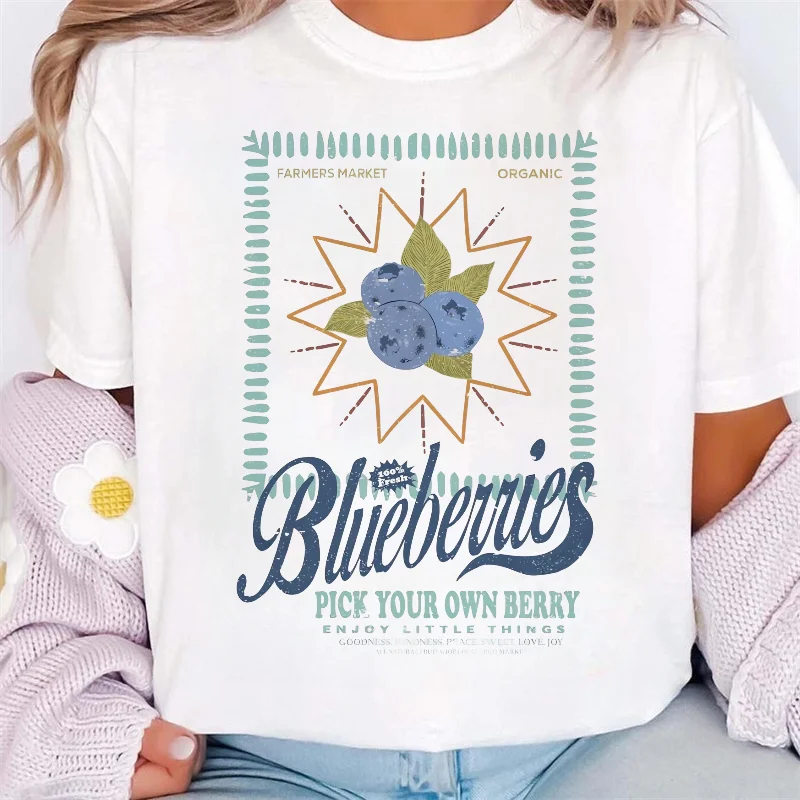 Blueberries Pick Your Own Berry Pattern Printed Summer Cartoon Women's Casual Short Sleeve Fashion Travel Beach Vacation T-Shirt