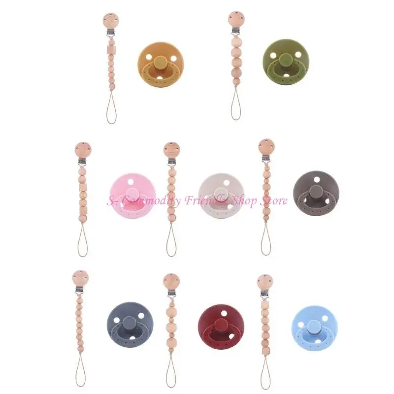85AE Silicone Dummy Pacifiers Teething Toy Bead Pacifier Clip Wooden Shower Gift