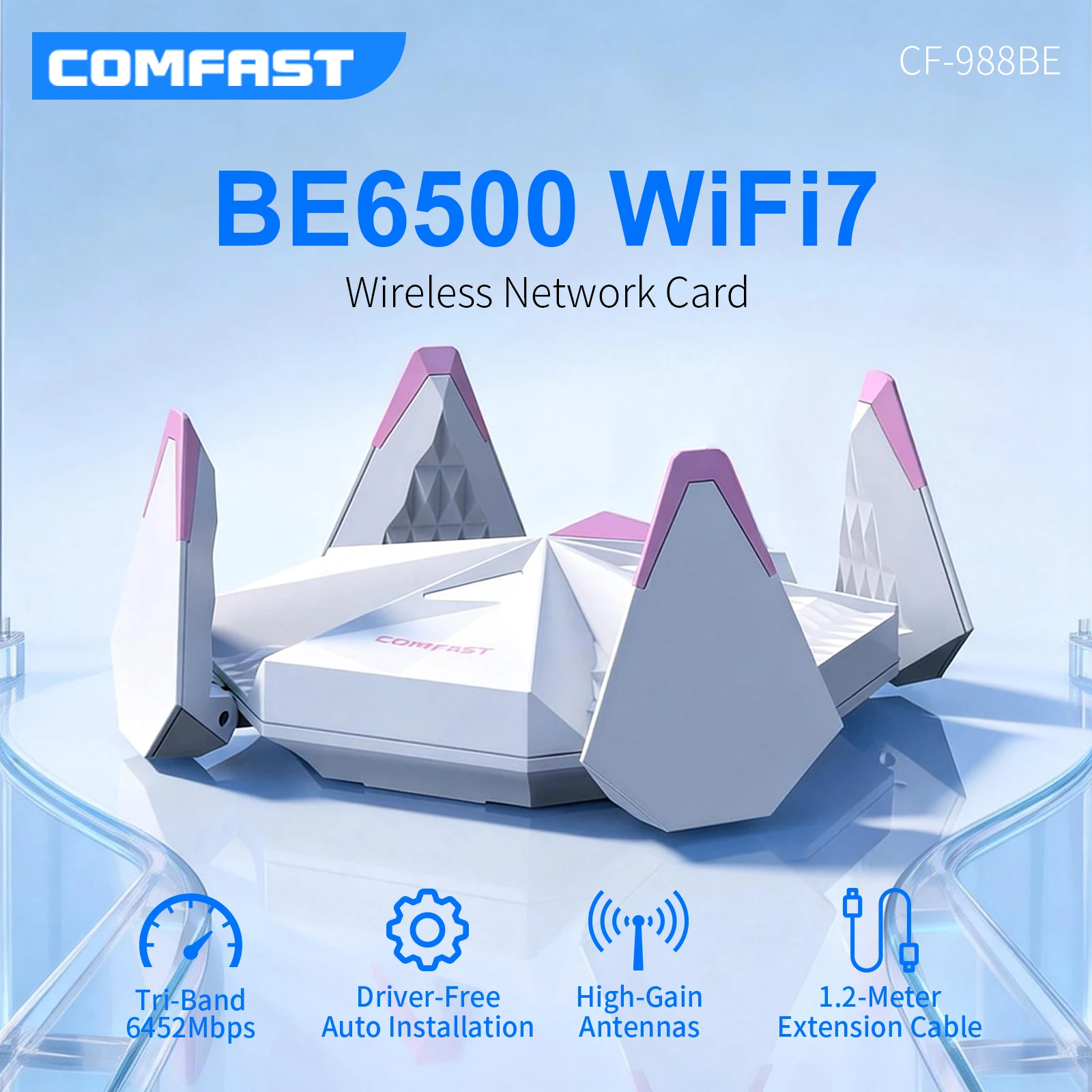 COMFAST 5374M Wi-Fi 6/7 Adapter 6500Mbps USB Wi-Fi Card with 4×2dBi Antennas for 2.4&5.8&6GHz Network Windows 10/11 Gaming