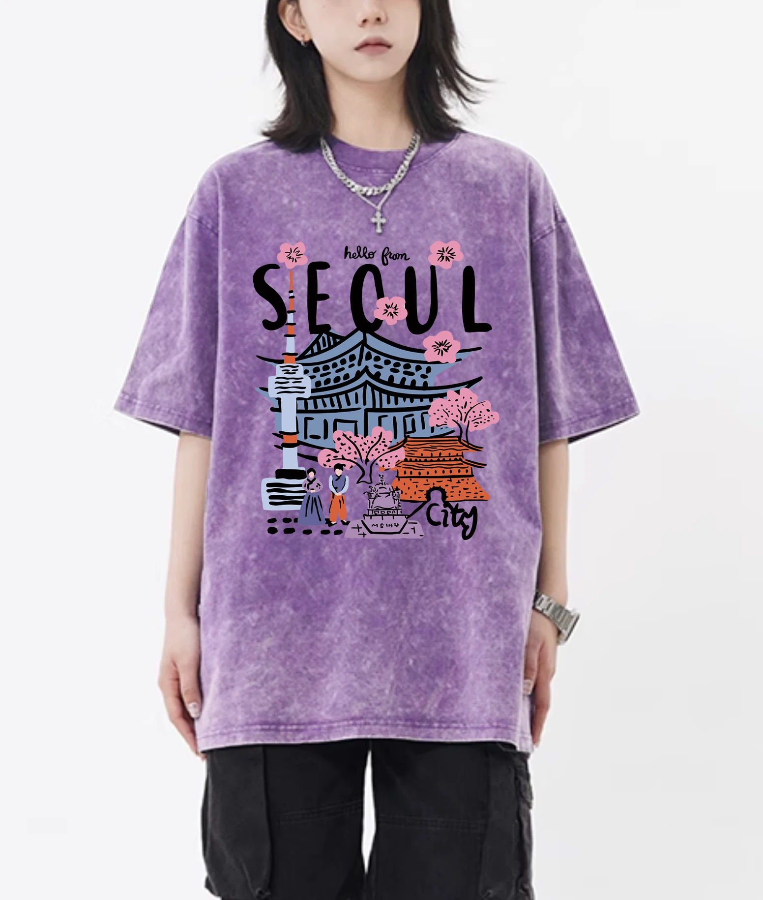 Seoul Beautiful Scenery Printed Washed T-Shirt Female Breathable New Cotton Cool Tee Shirt Summer Snow Wash Clothing Unisex