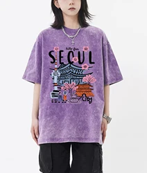 Seoul Beautiful Scenery Printed Washed T-Shirt Female Breathable New Cotton Cool Tee Shirt Summer Snow Wash Clothing Unisex