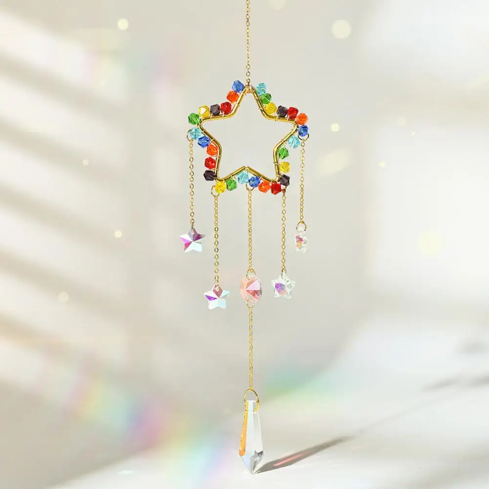 Reflector Sun Catcher Hanging Ornament with Rainbow Star Moon Sun Motifs Tangle-proof Cords Colorful Window Garden Decor Light