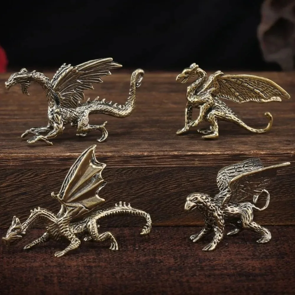 New Solid Brass Pterosaur Dragon Small Statue Desktop Ornament Europe Mythical Griffin Figurines Retro Home Feng Shui Decoration