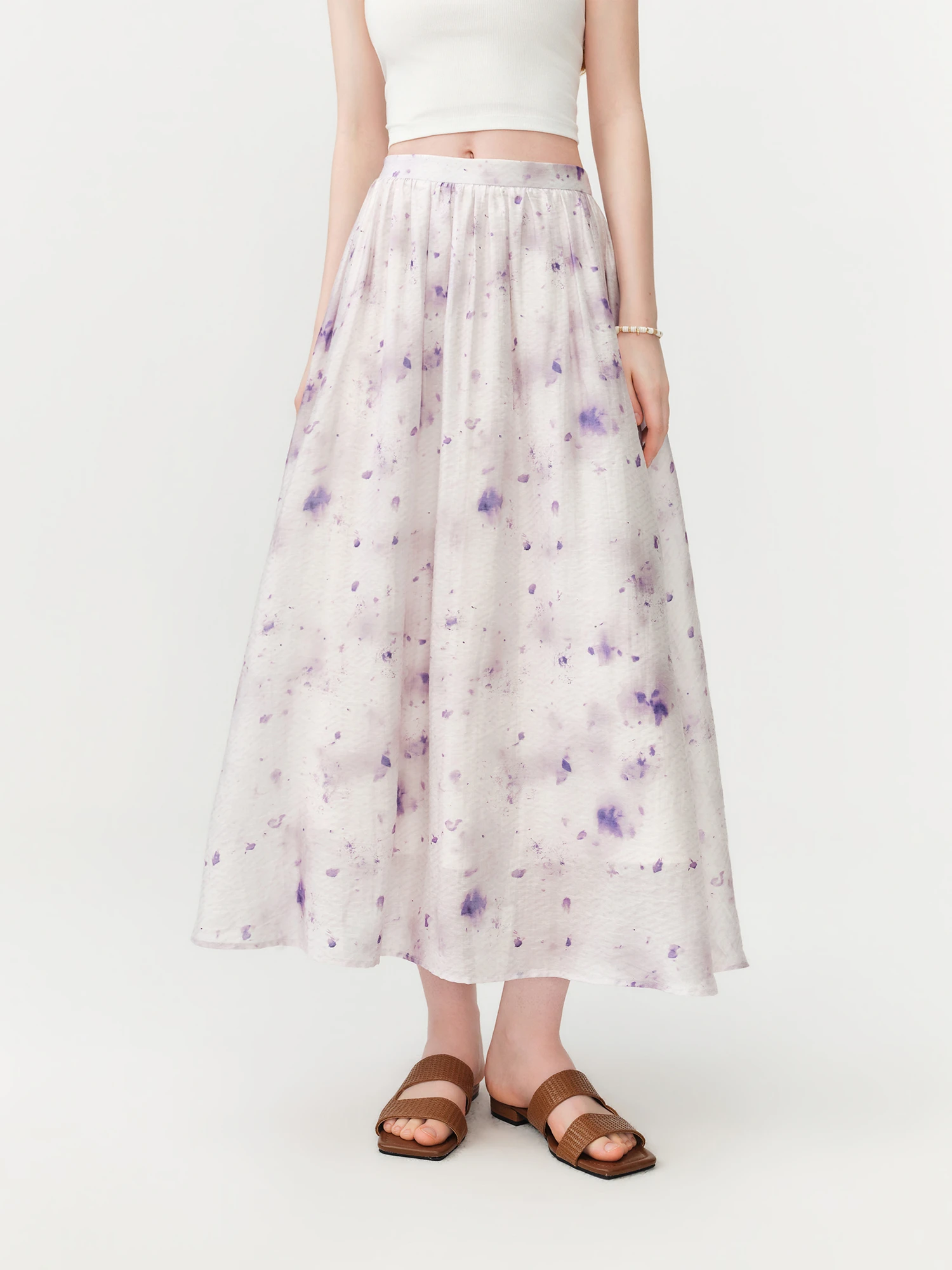 FSLE 2026 Summer Women's Lilac Tie-Dye A-Line Midi Skirt with High Waist and Flowey Drape for Vacation and Daily Outings