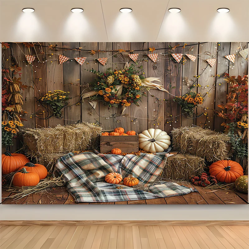 Halloween Day Autumnal Pumpkins Photography Backdrops Props Maple Leaf Scarecrow Farm Harvest Thanksgiving Background RR-22