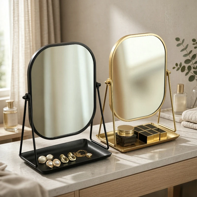 Vanity Mirror Rotating Desktop Makeup Organizer with HD Glass Iron Frame Storage Box for Bedroom Dorm Gift Home Dressing Table