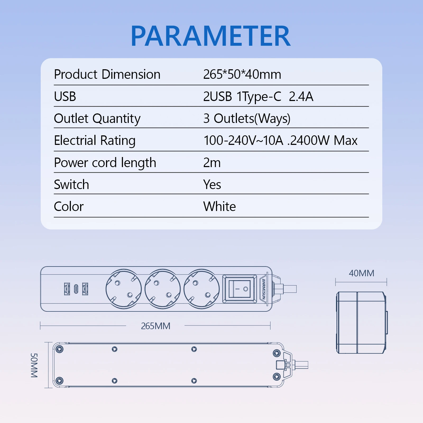 الاتحاد الأوروبي التوصيل قطاع الطاقة مآخذ منفذ متعددة 2 متر تمديد الحبل مقبس كهربائي مع 2 USB 1 منافذ Type-C 3 محول مأخذ التوصيل مع