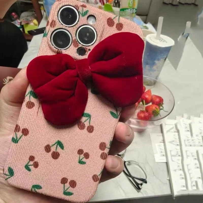

Осенне-зимний бархатный чехол для телефона с розовой вишней для IPhone 16 Pro 14 12 13 Pro 15 Max 3D Bow All Inclusive с защитой от падения