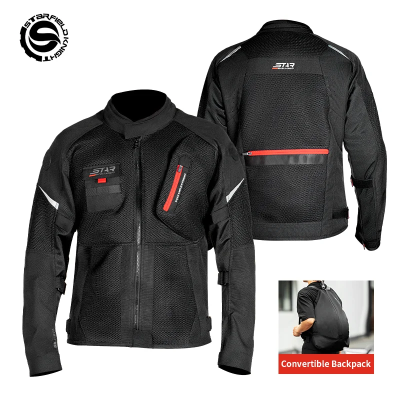 SFK Dual-purpose Black Motorcycle Jacket 2026 New Summer Mesh Breathable Convertible Backpack Storage For Use Riding Equipment