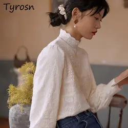 Blouses Women Vintage Hollow Out Temperament Trendy Holiday Chic Charming Korean Style Exquisite Romantic Sweet Stand Collar New