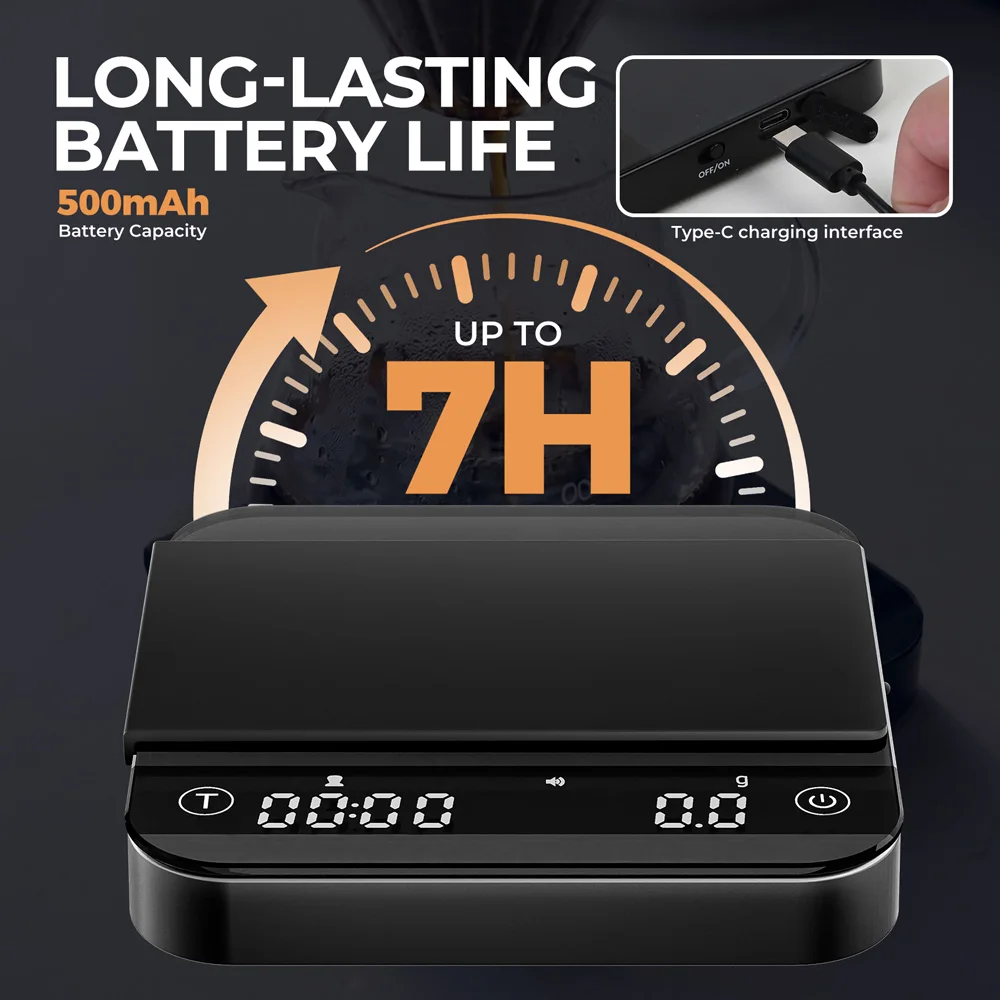 Portable Smart Coffee Scale 0.1g Precision 0.3g-2000g, Auto-Start Timer, Flow Rate & Ratio Modes, 7H Battery Type-C image 5