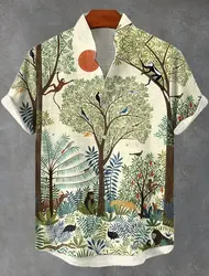 Retro stand collar men's linen short sleeved shirt with forest green series print 2025 new casual and comfortable top