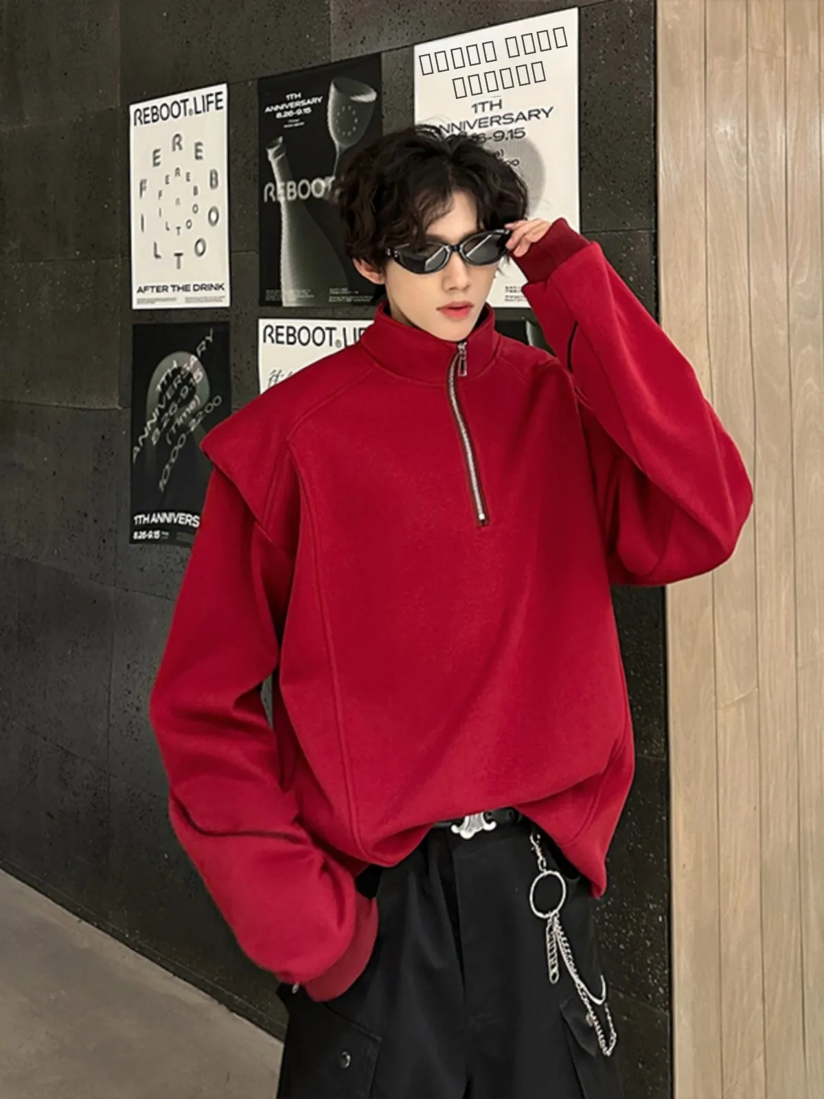 

Red Hoodie Men's Casual Shoulder Padded Stand Collar Autumn Winter American Trendy Brand Handsome Loose Fit Youth Popular Str...