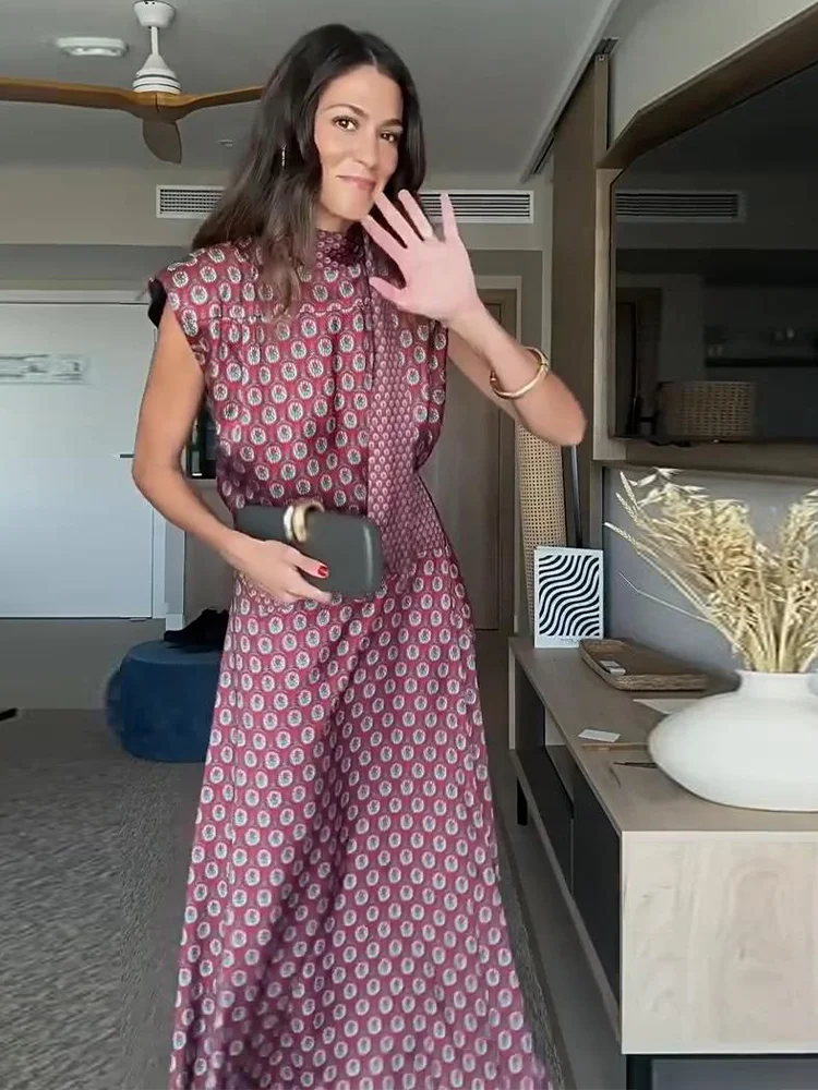 2026 Summer Autumn Casual Printed Women's Top Skirt Suit Sleeveless Lace-Up O-Neck Tops High-Waist Maxi Skirts Female Outfit New