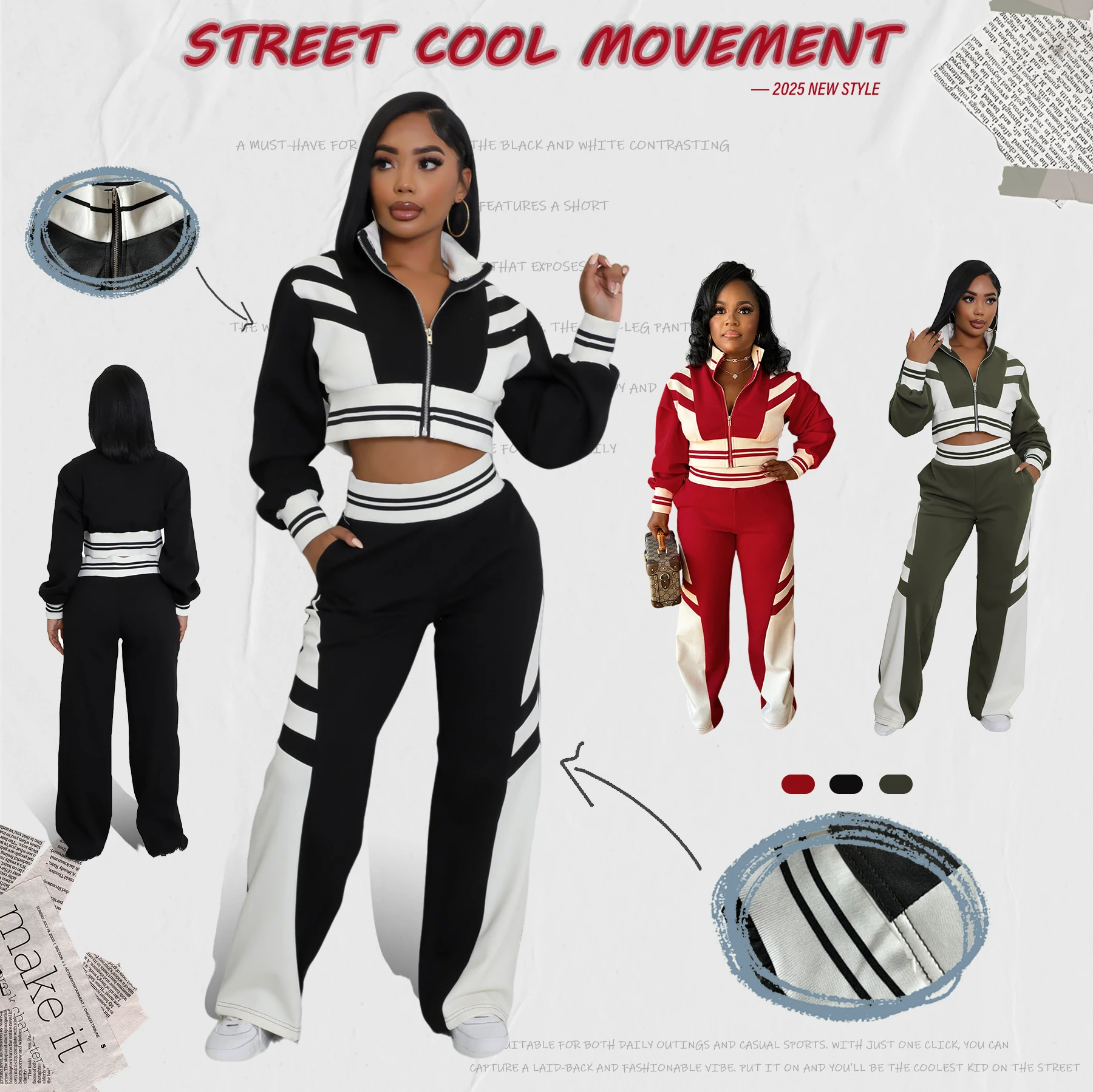 M3066 Women Color Block Two Piece Set Half Zip Crop Jacket Wide Leg Pants Striped Trim Sporty Tracksuit