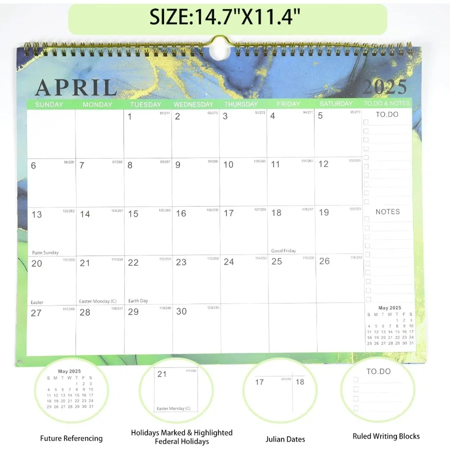 ปฏิทินติดผนัง 18 เดือน ตั้งแต่ มกราคม 2025 ถึง มิถุนายน 2026 ขนาด 14.7x11.4 นิ้ว ปฏิทินปี 2025 แบบเข้าเล่ม TwinWire พร้อมห่วงแขวน ขนาดใหญ่