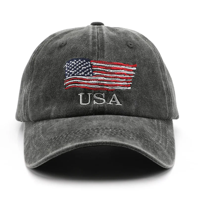 USA American Retro Men\'s and Women\'s Baseball Hat Street Letter Embroidery Retro Flat Bottom Hat Flag Grey Black Hip Hop Hat