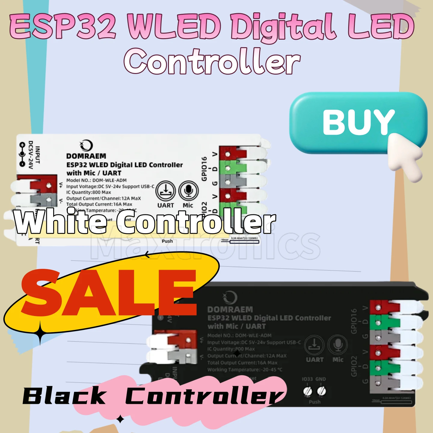 

NEW DC5-24v16A DIY100+ WS2811 12 13 14 05 Strip etc With Mic UART USB-C5V Supply ~0.5W Standby ESP32 WLED Digital LED Controller