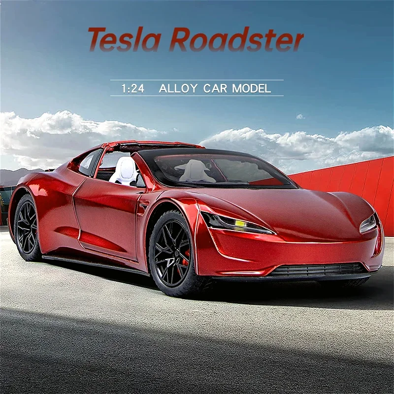 Diecast Alloy 1:24 Tesla Roadster Car Model with Charging Post Collective Voiture Miniature Sound And Light Toys Vehicles Boys