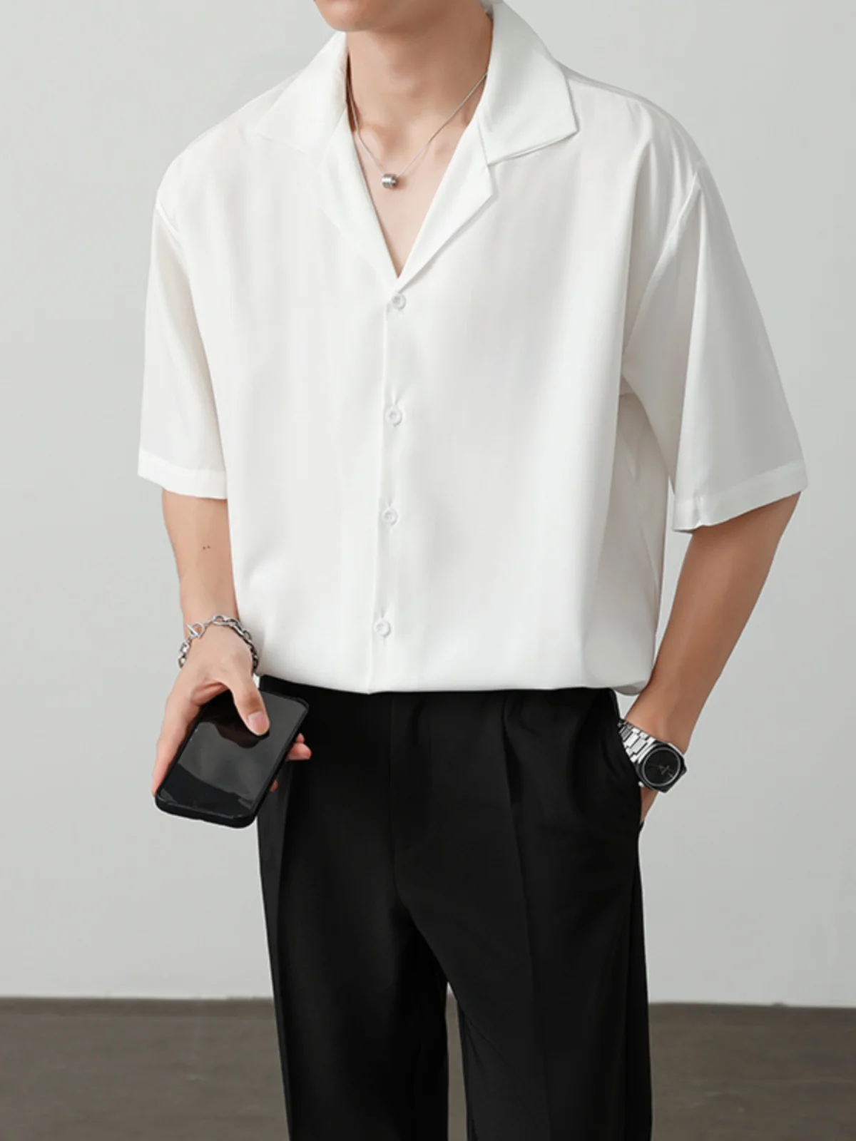 

Мужская рубашка из ледяного шелка с кубинским воротником, свободного кроя, летняя, трендовая, повседневная, молодежная, легкая