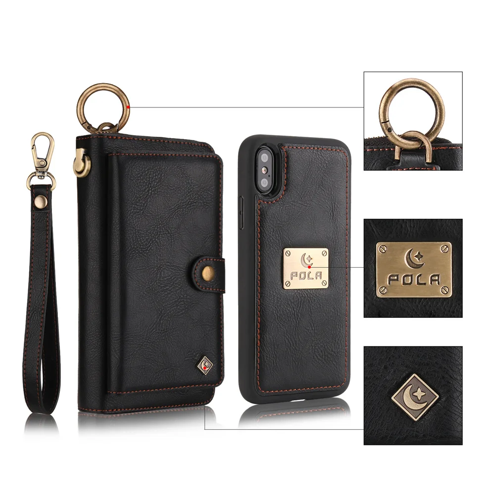 Luxury Detachable Zipper Purse Magnetic Wallet Case for iPhone XS Max XR XS i6 i7 i8 Plus Shockproof Card Pocket Leather Cover