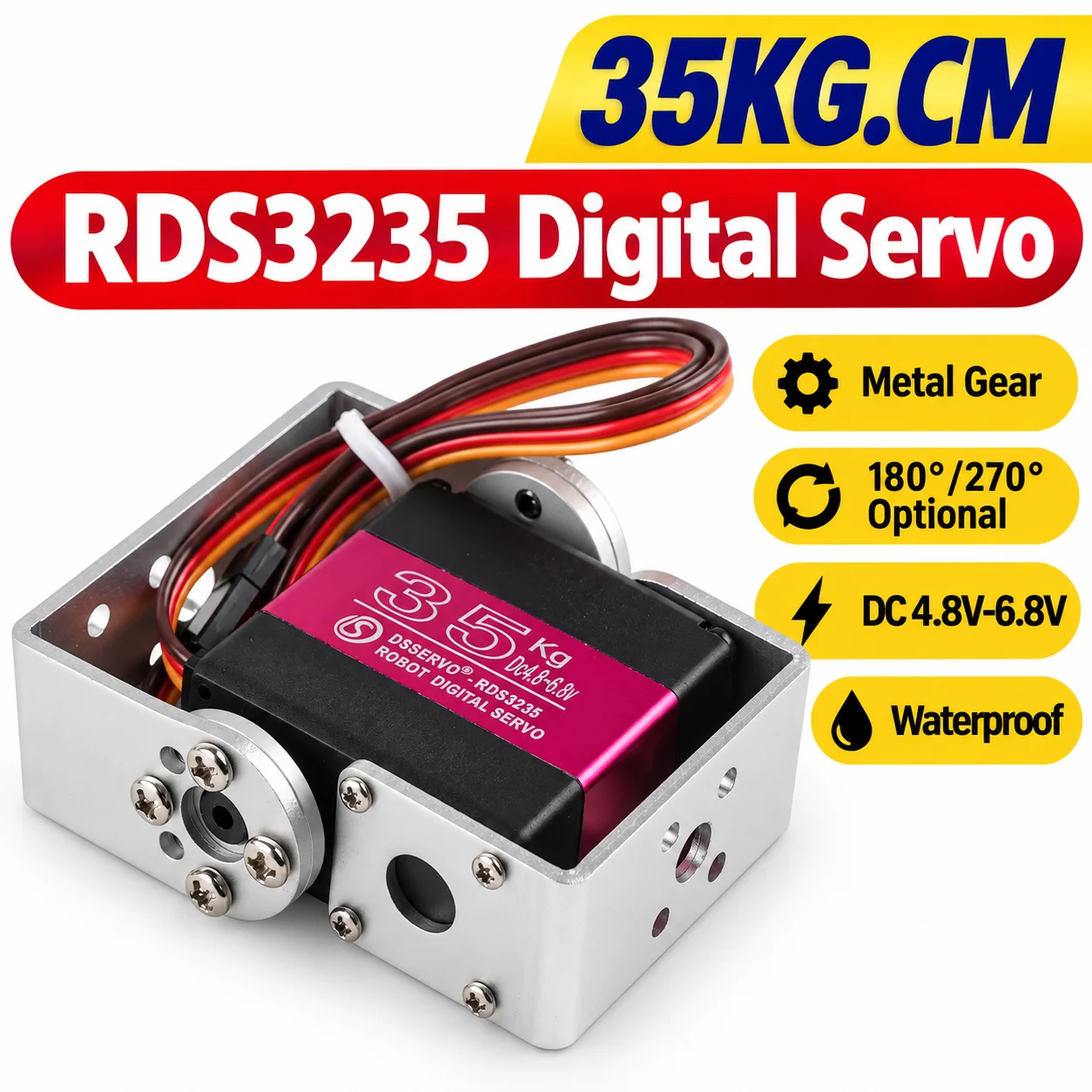 DIYmall 35KG Digital Servo Full Metal Gear High Torque Waterproof 180 270 Degree with U Mounting Bracket for RC Robot Arm