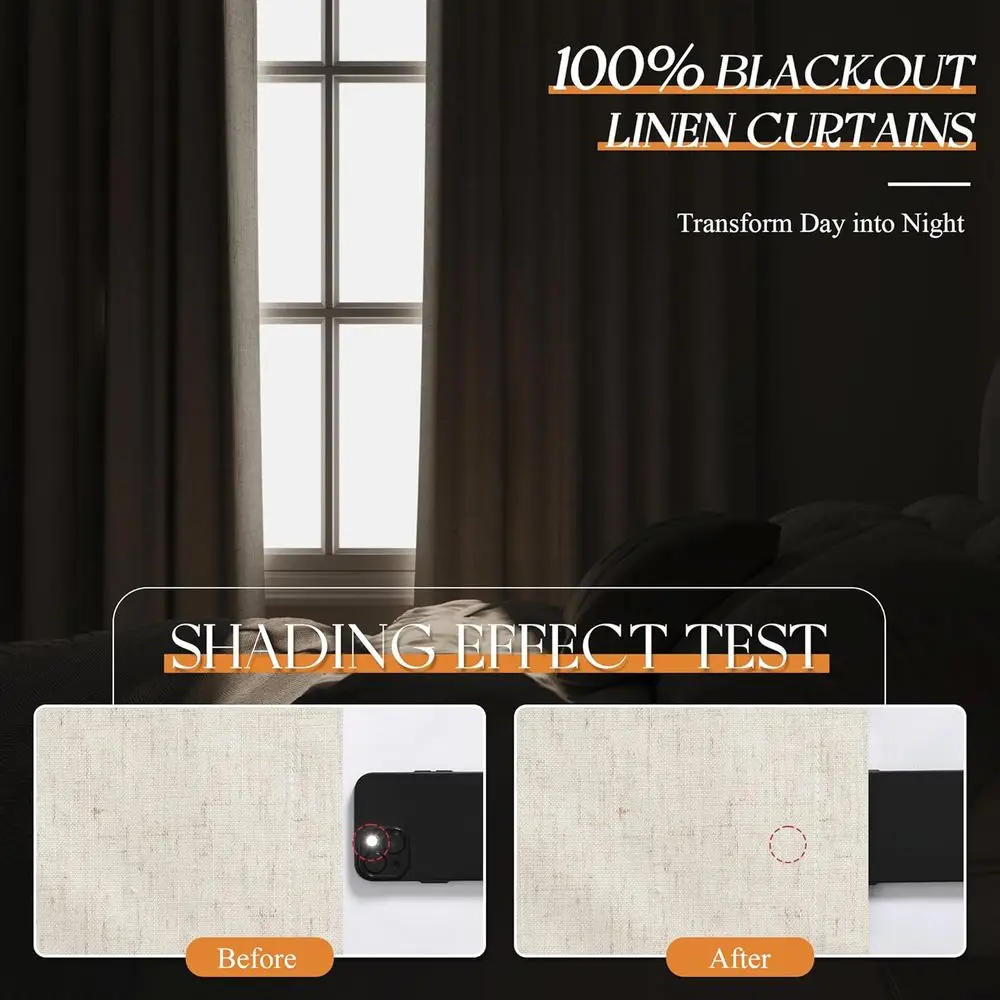 90 ستائر تعتيم من الكتان البيج، مجموعة مكونة من لوحتين لمساحات المعيشة، معزولة حراريًا، تقلل الضوضاء، حجب الضوء بنسبة 100%