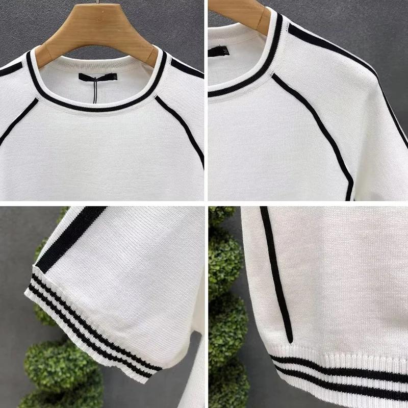 Irregular Lines Herren-Strick-T-Shirt, Sommer, Schwarz, Weiß, Kontrastfarbe, Rundhalsausschnitt, kurze Ärmel, atmungsaktives Strick-T-Shirt – Detail 16
