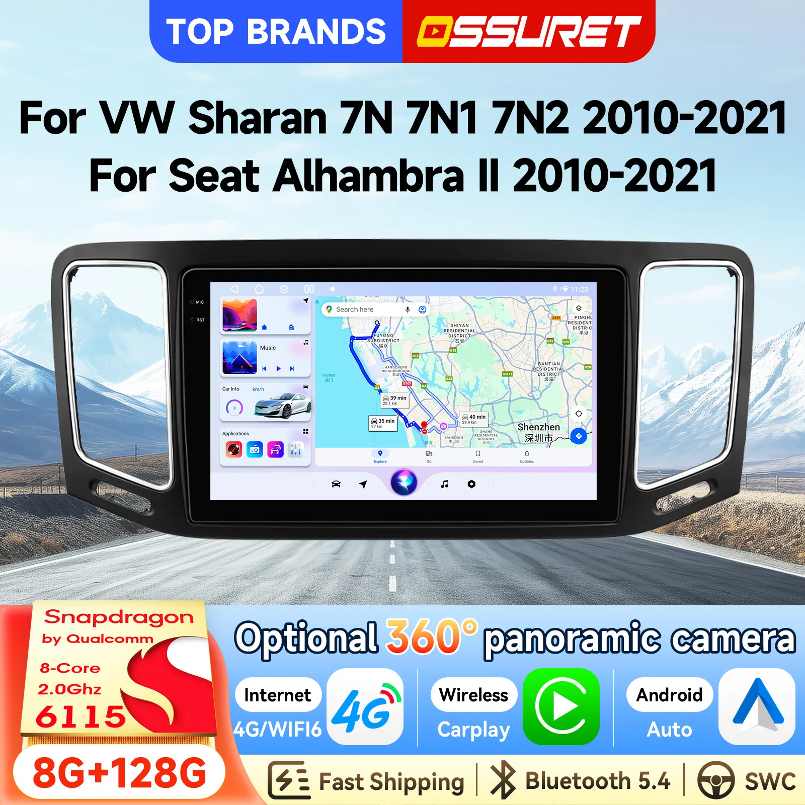 OSSURET Spedizione Veloce 2 Din 9 Pollici Android 15 Autoradio con Navigazione GPS per VW Sharan 7N 7N1 7N 2/Seat Alhambra II 2010-2021 Autoradio CarPlay Android Auto SWC DSP Radio 4G Wifi RDS