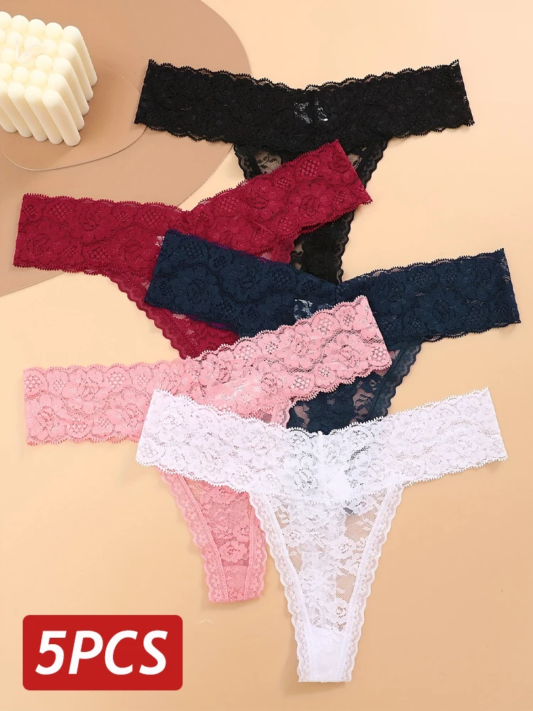 5PCS Sexy Lace G-string for Women Panties Transparent Floral Thongs Women Low-Waist Female Thong Underpants Female Lingerie M-XL