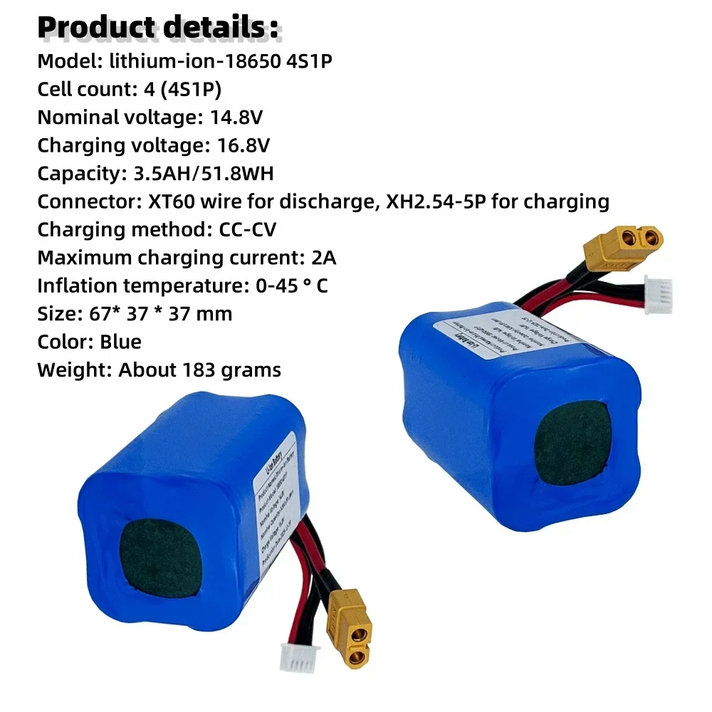 

best-seller 4S1P 14.8V 3500mAh 18650 For 18650 GA Battery Pack Model Airplane With XT60 JST-XH Connector