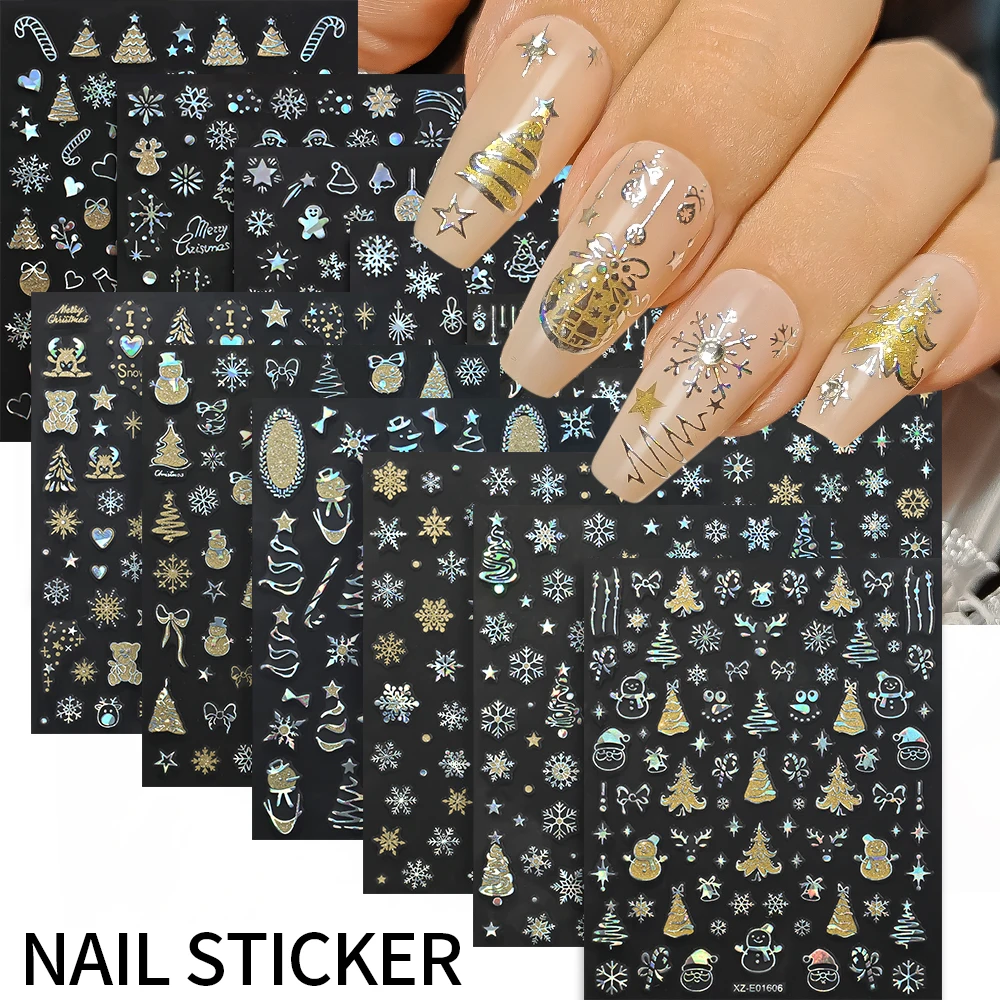 12 Teile/satz Weihnachten Laser Silber Schneeflocken Nagel Aufkleber 3D Bronzing Rentier Elch Glocken Baum Nagel Aufkleber HOLO Weihnachten Slider decor