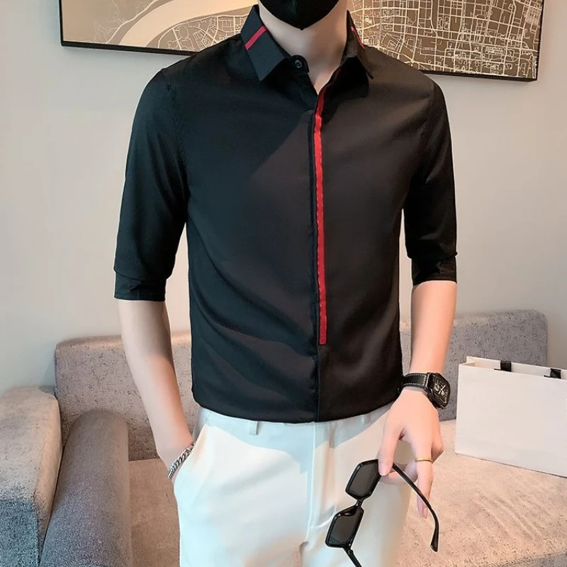Men's Solid Short Sleeve Shirts 2026 New Summer Business Casual Slim Fit Five Quarter Sleeve Tops Trendy Breathable Blouse