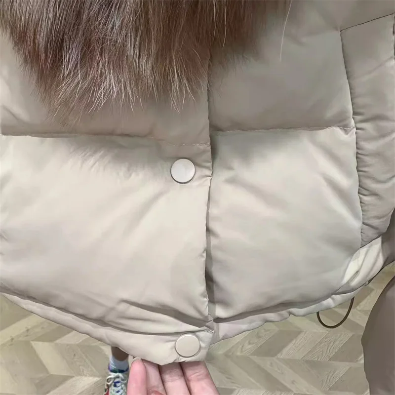 سترة شتوية نسائية 2025 سترة جديدة قابلة للفصل بياقة من فرو الثعلب 90 بطة بيضاء مملوءة معطف سميك دافئ y2k سترة منتفخة