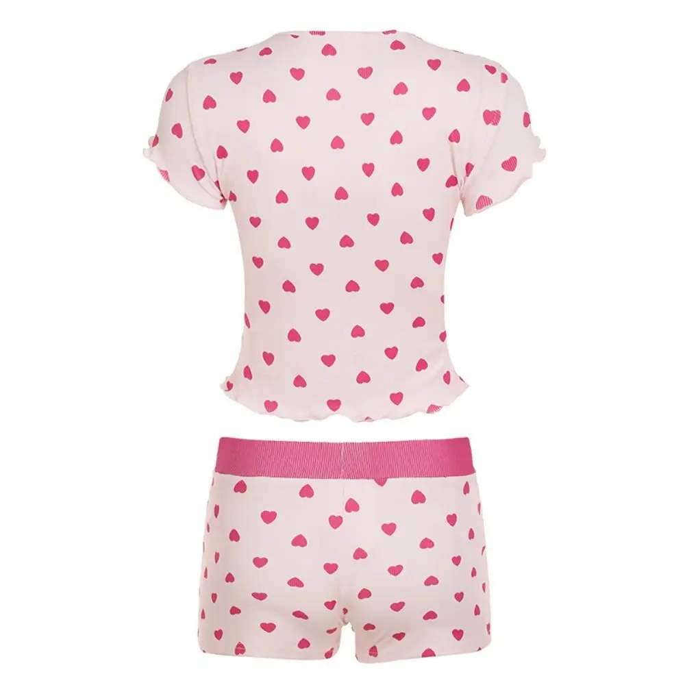 

Comfortable Sweet Short Sleeve Pajamas Set Heart Thin Camisole Shorts Nightdress Homewear Euffle Two Pieces Nightwear Home