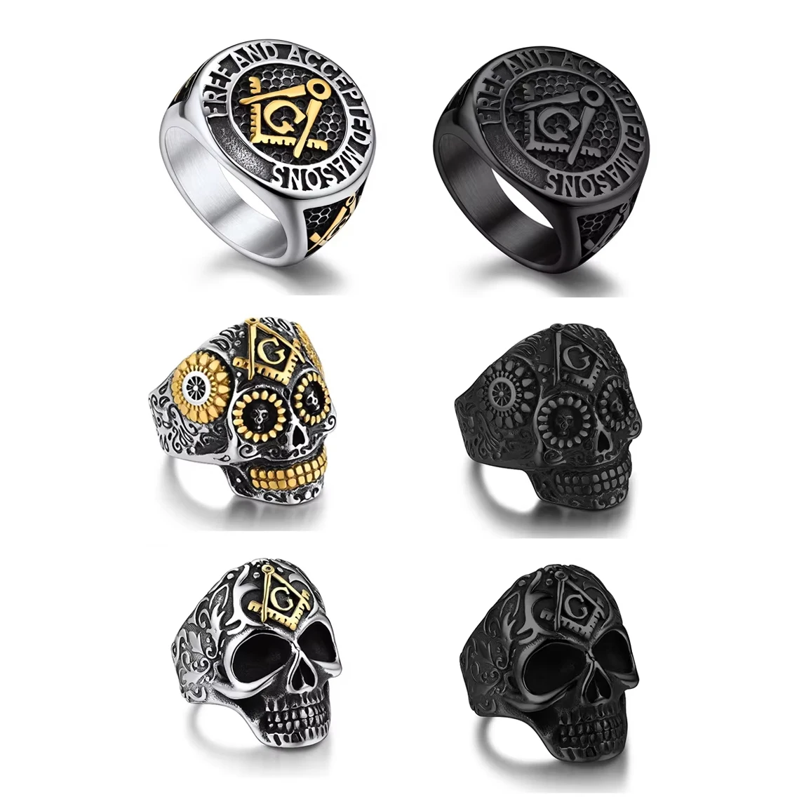 U7 Masonic Rings for Men Woman Stainless Steel Size 7-14 Square 3D Skull Head Signet Rings Freemason Symbol Jewelry Gift for Him