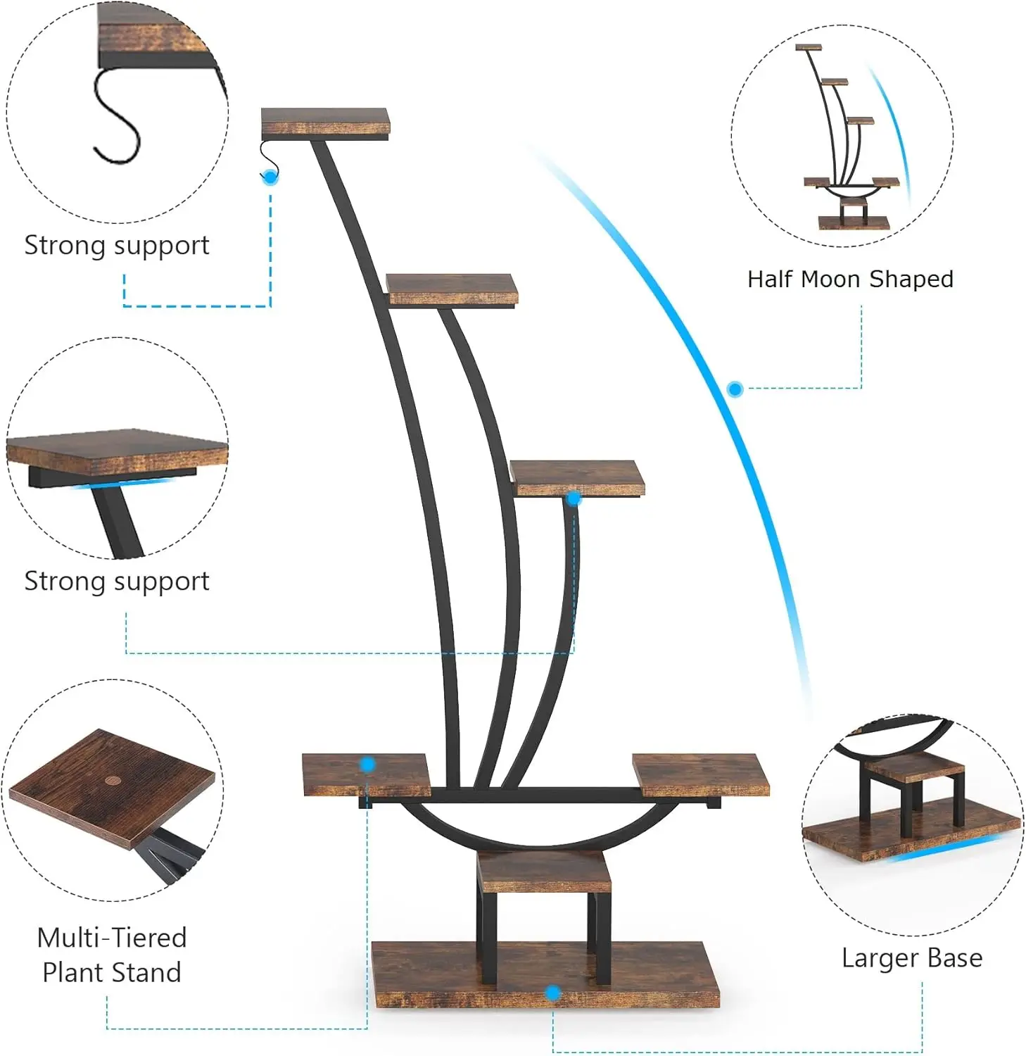 Tribesigns-Soporte de Metal de 6 niveles para plantas, estante de exhibición de plantas curvadas multiusos para interiores con 2 ganchos colgantes, paquete de 2