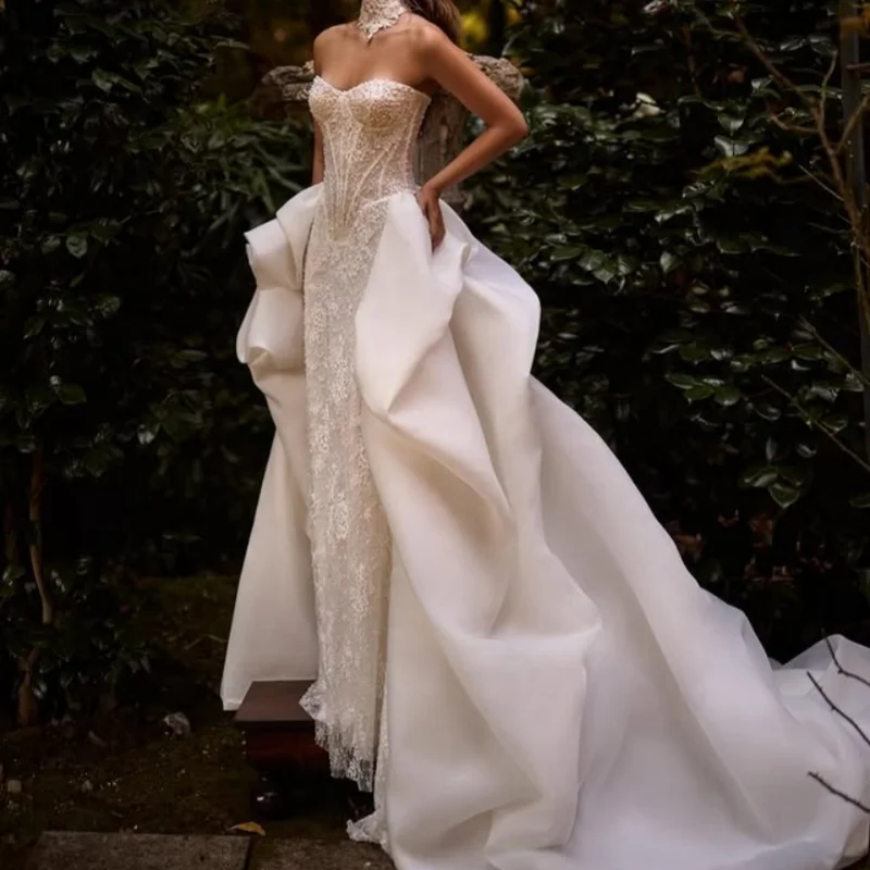 ivory white fishtail Appliques Wedding Dresses Sequin Beadwork Lace layering off-shoulder Bridal Gowns Made Customized