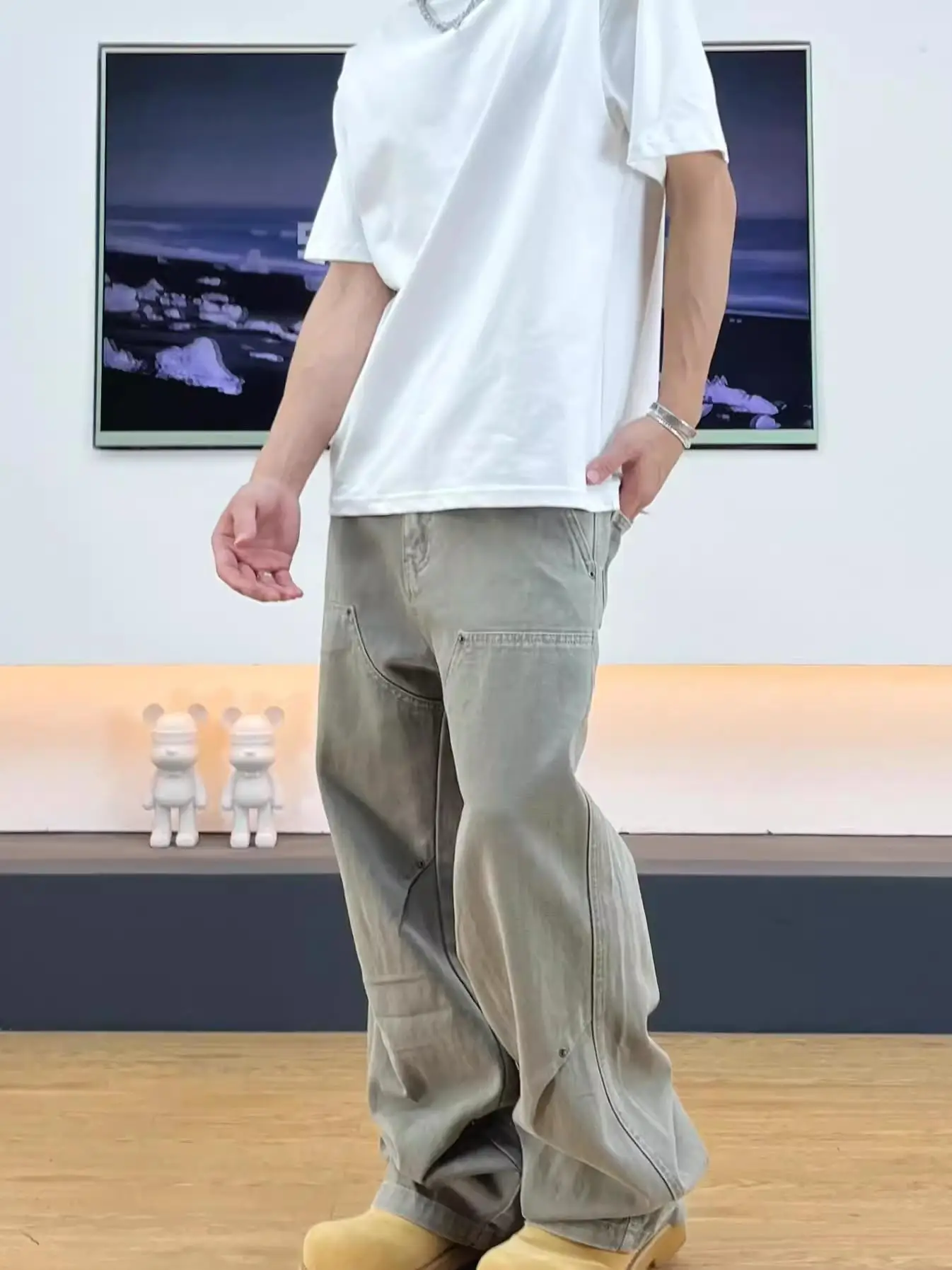

Retro Waed een Fce Rivet Logging Work Pants Men High Street Design Loose Straight Casual Long Pants Youth Faion