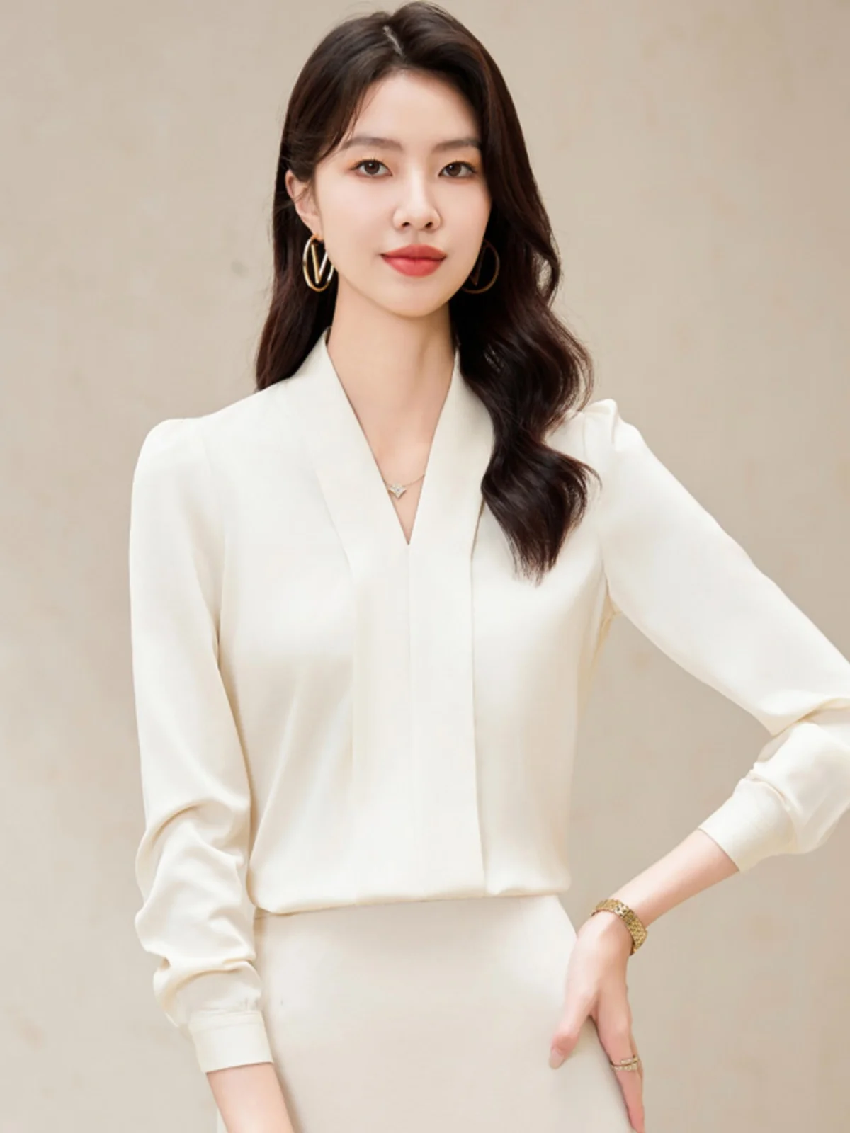 Elegant Satin Women's Shirt Fashionable Design Unique Style Professional Top Autumn Commute Ladylike Slim Fit Long Sleeve V-Neck