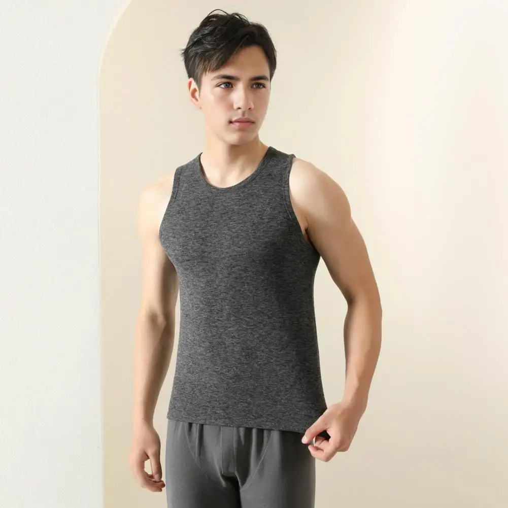 Polyester Fiber Vest Men's Thermal Vest with Plush Lining Slim Fit Pullover Top for Winter Round Neck Bottoming for Weather