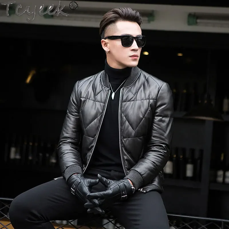 Tcyeek Winter Genuine Leather Jacket Men 2025 Motocycle Jackets Short Style Sheepskin Coats White Duck Down Coat Mens Clothing