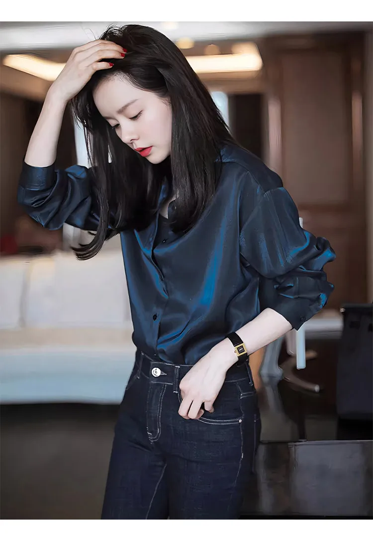 Blusas femininas vintage camisas de cor sólida moda solta verão roupas coreanas manga comprida gola virada para baixo cetim feminino topos