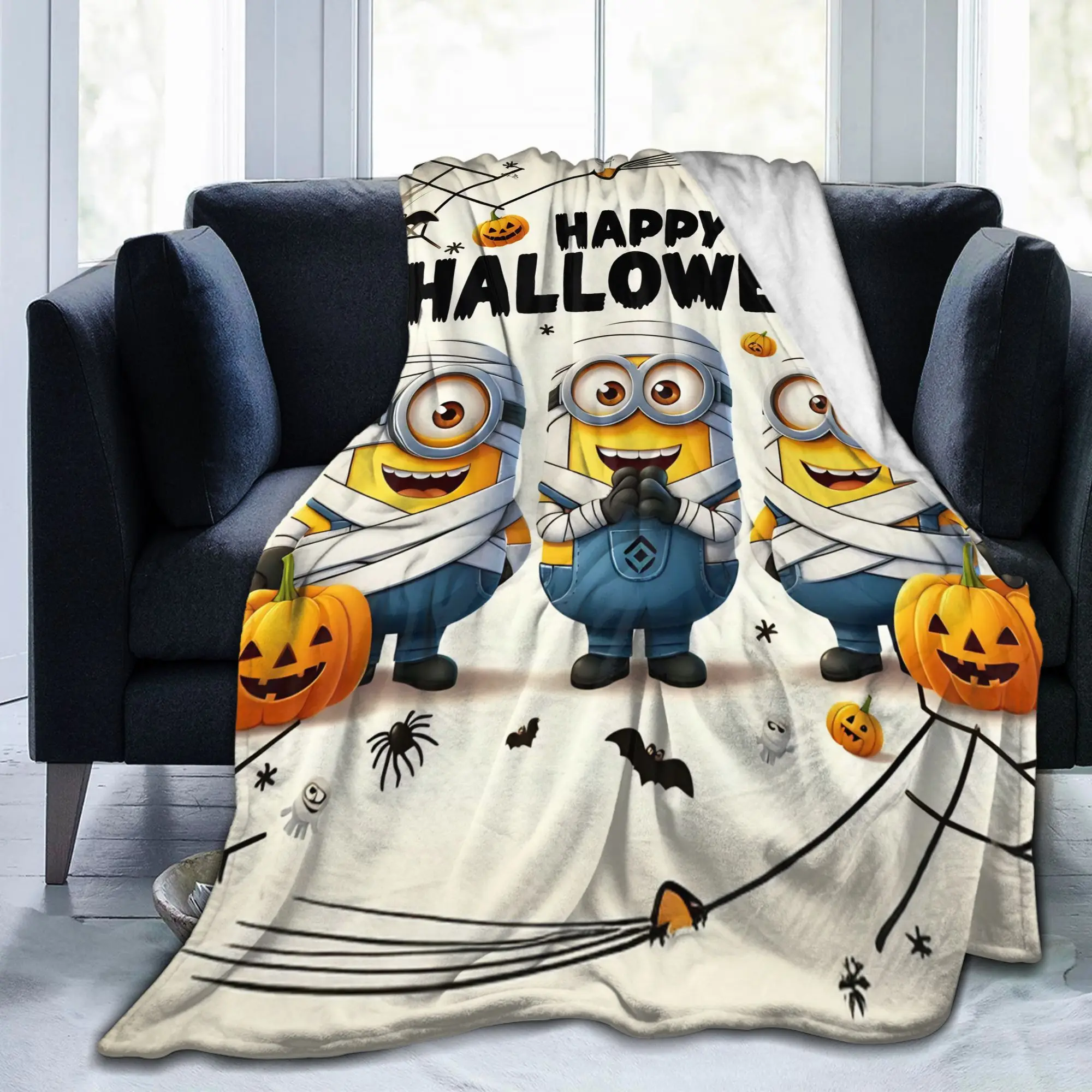 Cute Anime M-Miniones Blanket Flannel Autumn Halloween Bats Breathable Lightweight Thin Throw Blanket for Home Travel Bedspread