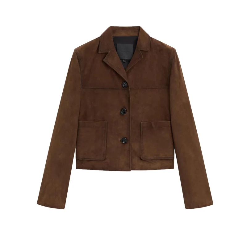 Faionable Brown Velvet Leather Jaet ort Outerwear for Women Autumn 2024 Polyester Fiber 00% Traditional Wealth Sle