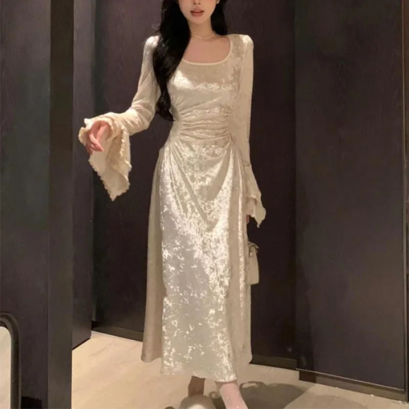 

French Style Flared Sleeve Velvet Dress Women's Spring New Style Waist-hugging and Slimming A-line Dresses Long Dresses