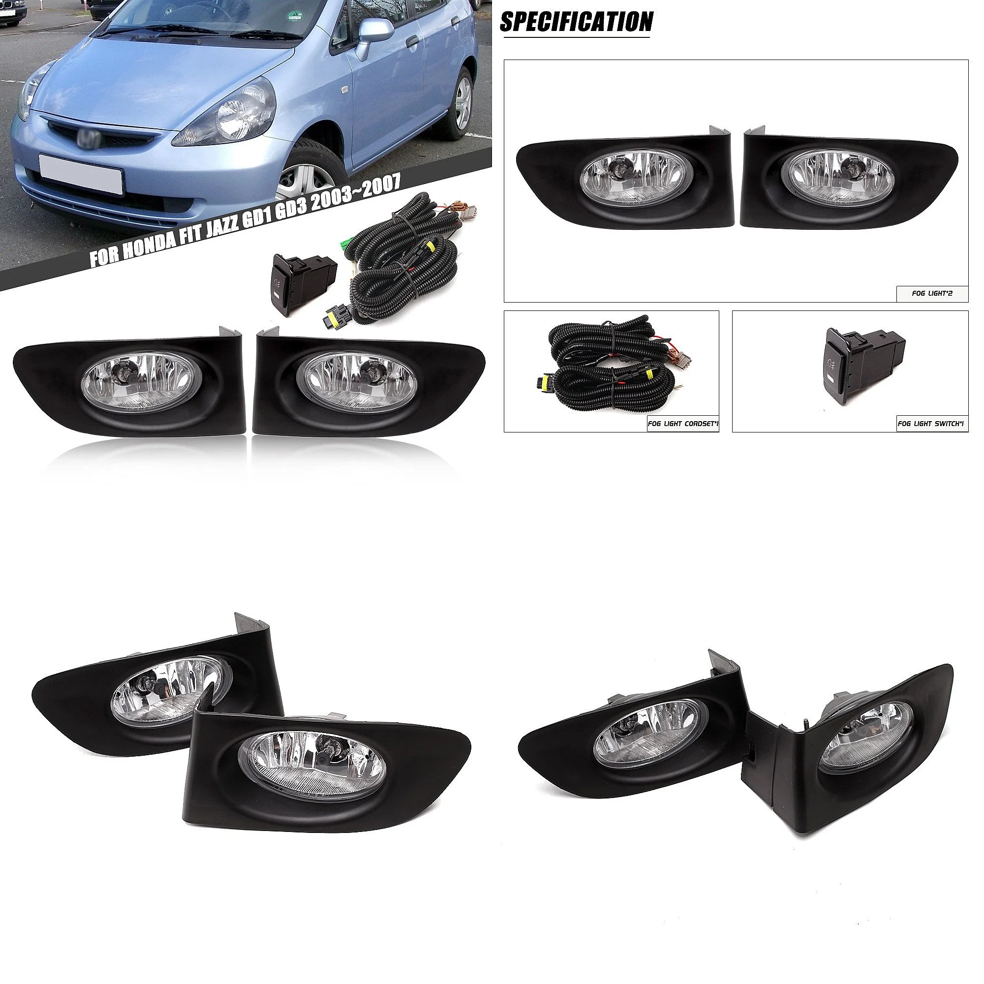 

LED Front Fog Light Assembly with DRL for Honda Fit 2003-2007 Bumper Lamp
