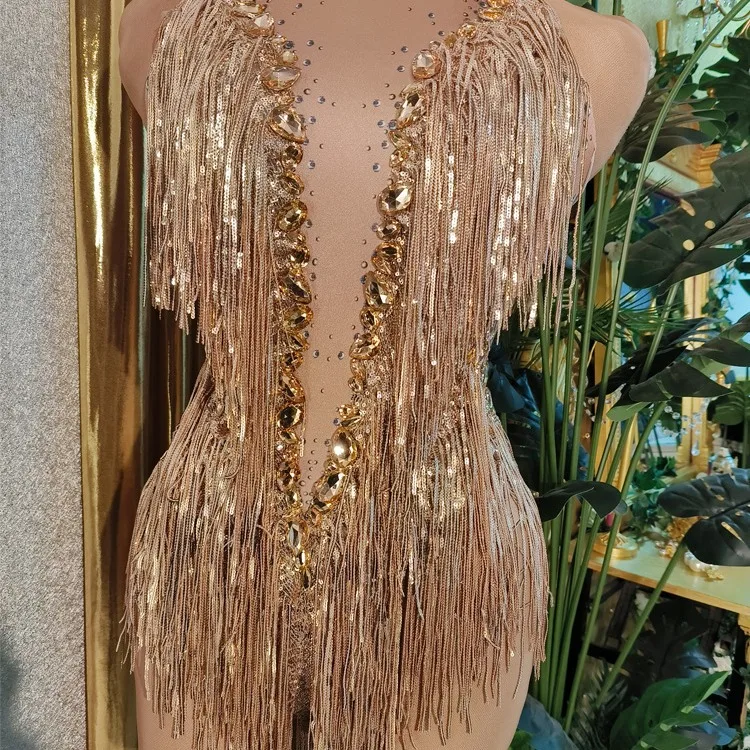 Sexy Shiny Rhinestone Bodysuit Festival Dance Outfit Lady Fringe Dance Costume Party Bar Stage Outfits Dj Dresses Performance